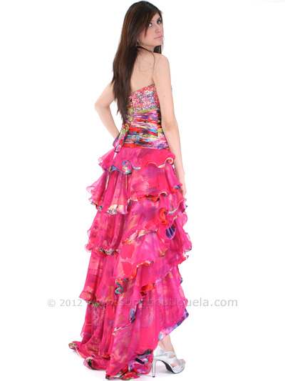 4040 Strapless High Low Ruffle Print Prom Dress - Fuschia, Back View Medium