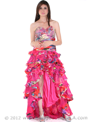 4040 Strapless High Low Ruffle Print Prom Dress, Fuschia