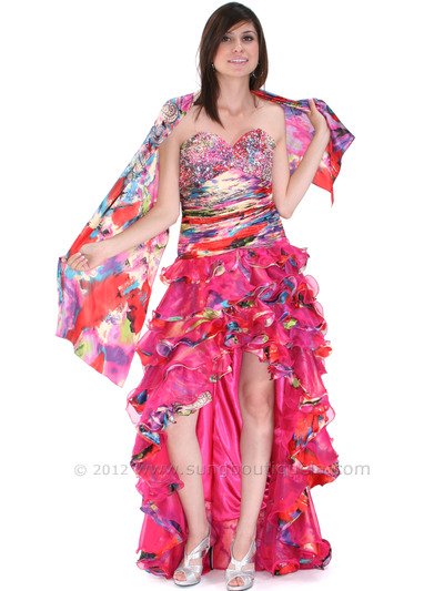 4040 Strapless High Low Ruffle Print Prom Dress - Fuschia, Alt View Medium