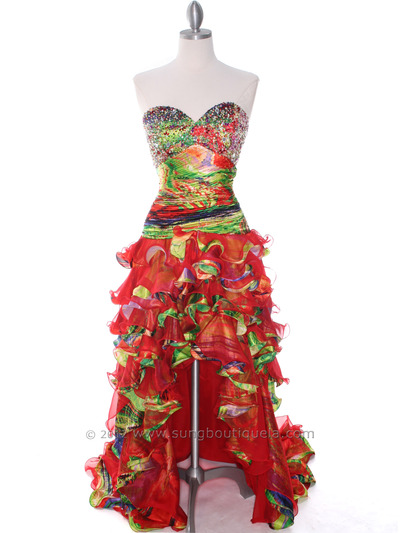 4040 Strapless High Low Ruffle Print Prom Dress - Tangerine, Front View Medium