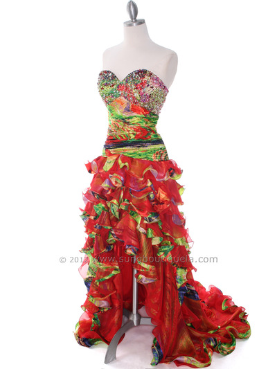 4040 Strapless High Low Ruffle Print Prom Dress - Tangerine, Alt View Medium