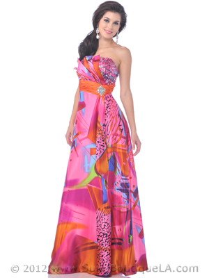 4042 Hot Pink Strapless Print Prom Dress, Print