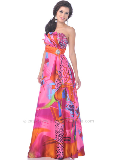 4042 Hot Pink Strapless Print Prom Dress - Print, Front View Medium