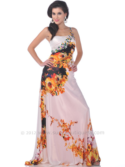4043 White Print One Shoulder Embellished Print Evening Dress - Print, Front View Medium