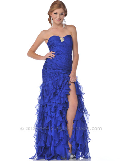 4052 Royal Blue Strapless Evening Dress with Slit - Royal Blue, Front View Medium