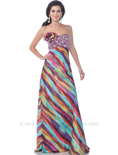 4055 Print Strapless Embellished Print Evening Dress - Print, Front View Medium