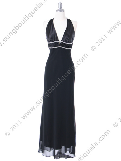 4057 Black Chiffon Halter Evening Dress - Black, Front View Medium