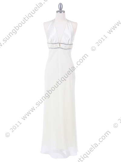 4057 Ivory Chiffon Halter Evening Dress - Ivory, Front View Medium
