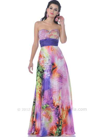 4063 Purple Strapless Print Evening Dress - Purple Print, Front View Medium