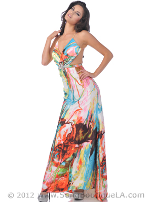 4064 Halter Print Side Cut Out Evening Dress, Print