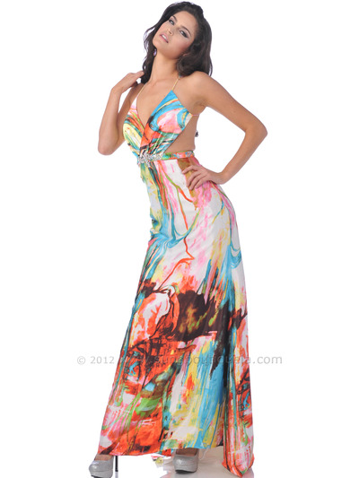 4064 Halter Print Side Cut Out Evening Dress - Print, Front View Medium