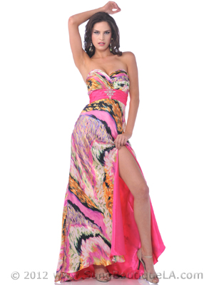 4068 Strapless Print Evening Dress with Slit, Hot Pink