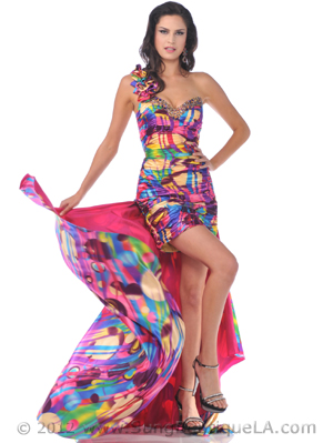 4069 One Shoulder Floral Strap Beaded Cocktail Dress, Print