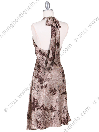 4173 Brown Charmuse Print Halter Dress - Brown, Back View Medium