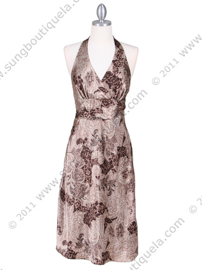 4173 Brown Charmuse Print Halter Dress - Brown, Front View Medium