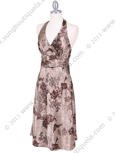 4173 Brown Charmuse Print Halter Dress - Brown, Alt View Medium
