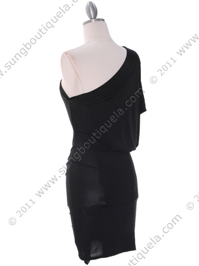 4117D Black One Shoulder Party Dress with Rhinestone Buckle - Black, Back View Medium