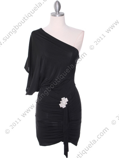 4117D Black One Shoulder Party Dress with Rhinestone Buckle - Black, Front View Medium