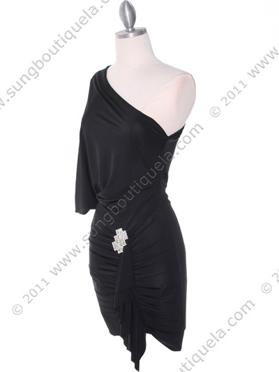 4117D Black One Shoulder Party Dress with Rhinestone Buckle - Black, Alt View Medium