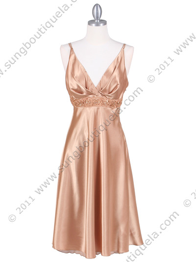 4203 Gold Satin Cocktail Dress - Gold, Front View Medium