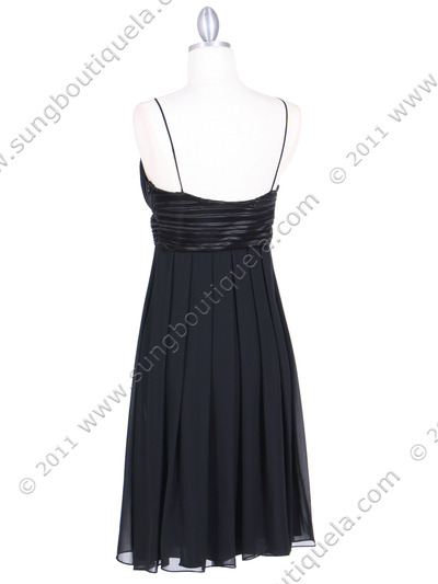 4273 Black Pleated Top Cocktail Dress with Rhinestone Brooch - Black, Back View Medium