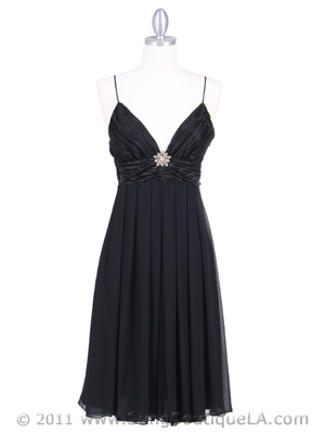 4273 Black Pleated Top Cocktail Dress with Rhinestone Brooch, Black