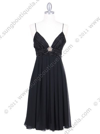 4273 Black Pleated Top Cocktail Dress with Rhinestone Brooch - Black, Front View Medium