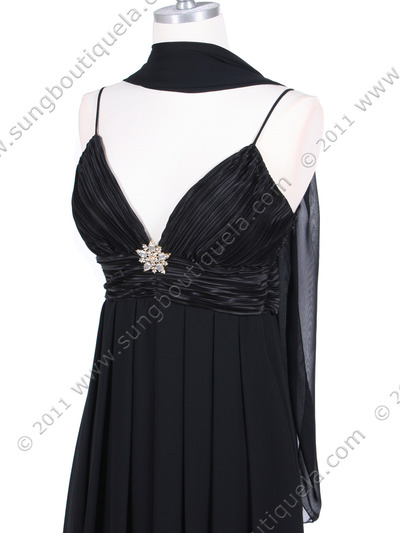 4273 Black Pleated Top Cocktail Dress with Rhinestone Brooch - Black, Alt View Medium