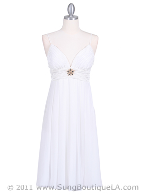 4273 Ivory Pleated Top Cocktail Dress with Rhinestone Brooch, Ivory