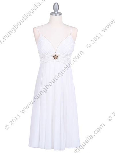4273 Ivory Pleated Top Cocktail Dress with Rhinestone Brooch - Ivory, Front View Medium