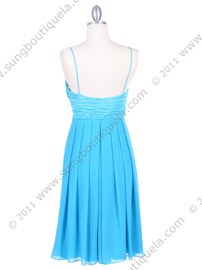 4273 Turquoise Pleated Top Cocktail Dress with Rhinestone Brooch - Turquoise, Back View Medium