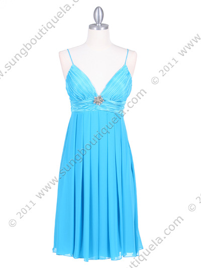 4273 Turquoise Pleated Top Cocktail Dress with Rhinestone Brooch - Turquoise, Front View Medium