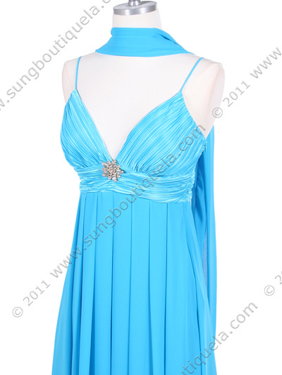 4273 Turquoise Pleated Top Cocktail Dress with Rhinestone Brooch - Turquoise, Alt View Medium