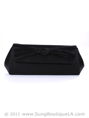 43002 Black Satin Evening Bag with Pleated Bow, Black