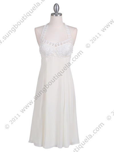 4351 Ivory Halter Cocktail Dress - Ivory, Front View Medium