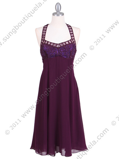4351 Purple Halter Cocktail Dress - Purple, Front View Medium