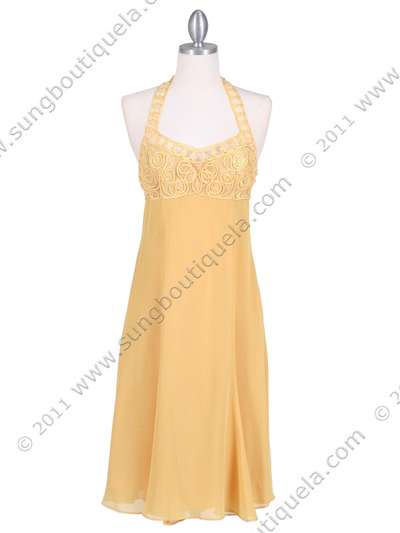 4351 Yellow Halter Cocktail Dress - Yellow, Front View Medium