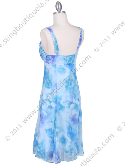 4421 Blue Chiffon Floral Print Dress - Blue, Back View Medium