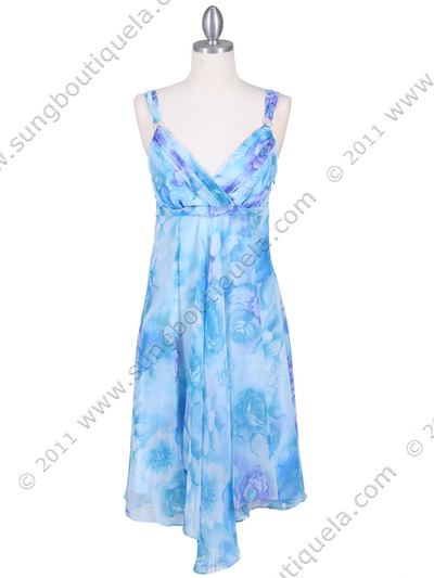 4421 Blue Chiffon Floral Print Dress - Blue, Front View Medium