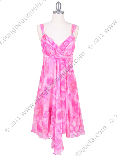 4421 Fuschia Chiffon Floral Print Dress - Fuschia, Front View Medium