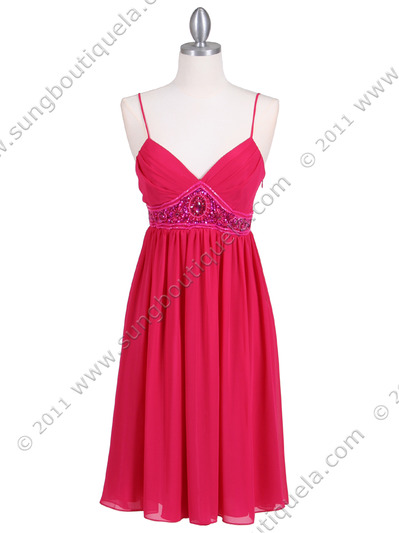 4431 Fuschia Beaded Cocktail Dress - Fuschia, Front View Medium
