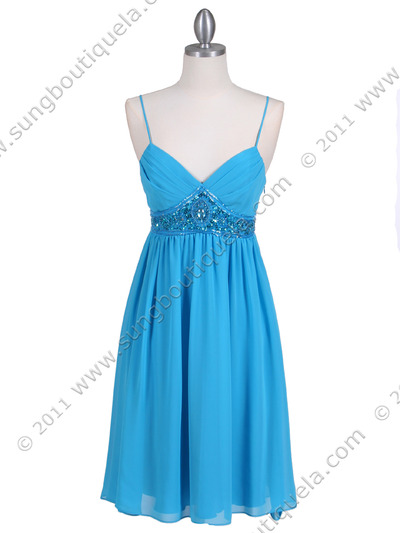 4431 Turquoise Beaded Cocktail Dress - Turquoise, Front View Medium