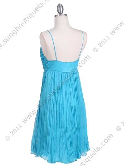 4451 Turquoise Pleated Cocktail Dress - Turquoise, Back View Medium