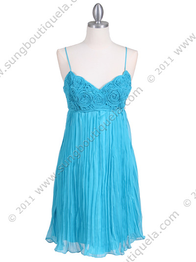 4451 Turquoise Pleated Cocktail Dress - Turquoise, Front View Medium
