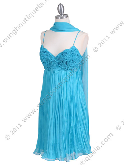 4451 Turquoise Pleated Cocktail Dress - Turquoise, Alt View Medium