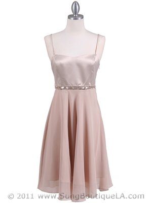 4463N Beige Satin 3/4 Length Cocktail Dress, Beige