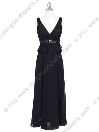 4475 Black Evening Dress with Rhinestone Buckle - Black, Front View Medium