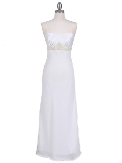 4480 White Satin Beaded Evening Dress - White, Front View Medium