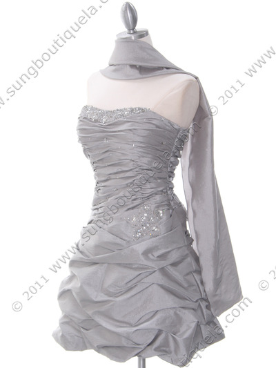4509 Silver Taffeta Cocktail Dress - Silver, Alt View Medium