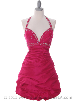 4512 Fuschia Tafetta Beaded Homecoming Dress, Fuschia